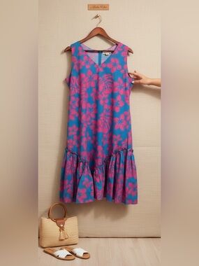 Vibrant Blue & Pink Tropical Floral Ruffle Tiered Midi Dress - Size M